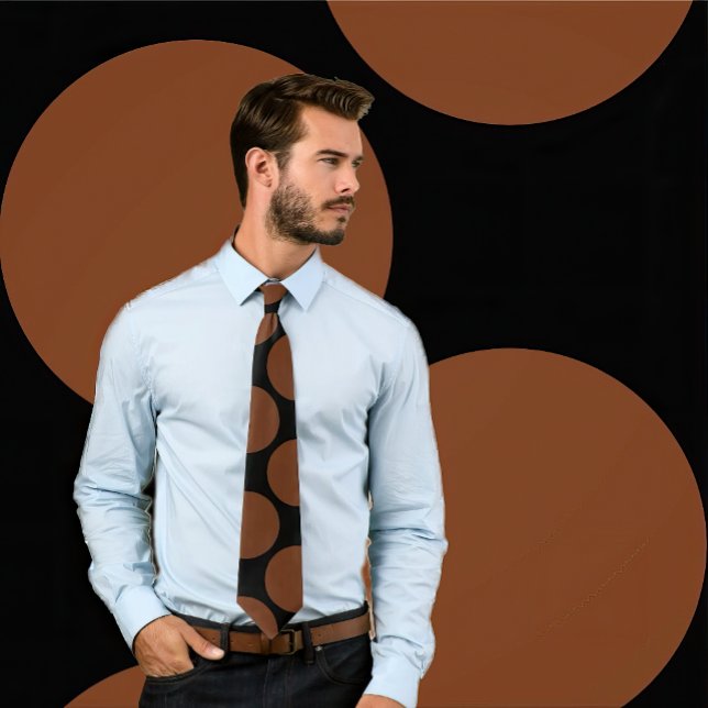 Large Auburn Polka Dots on Black Tie (Man wearing tie with large auburn brown polka dots on black.)