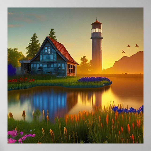 Large Barn Farmhouse Pond at Sunrise Poster (Front)