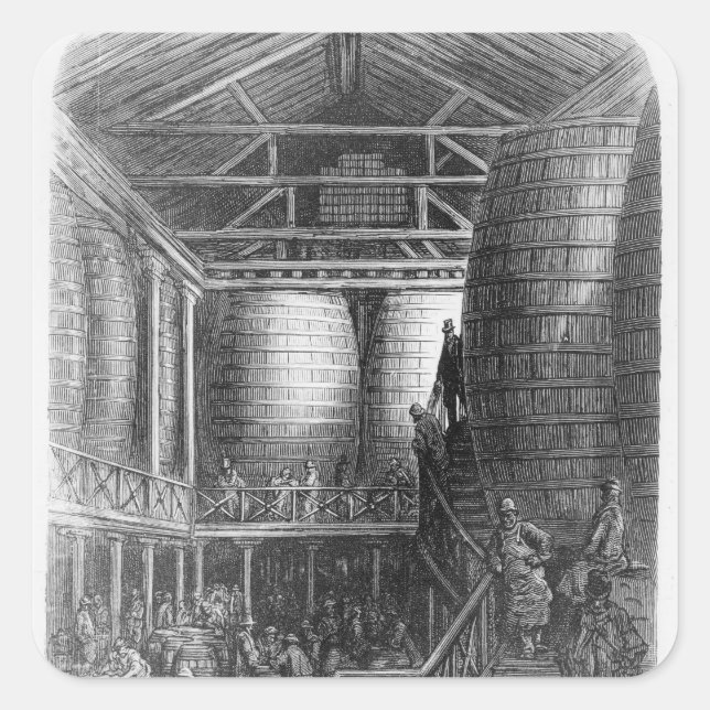 Large barrels in a brewery square sticker (Front)