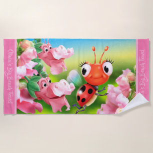 Large beach towel Ladybug flower garden.