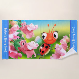 Large beach towel Ladybug flower garden. Blue edge
