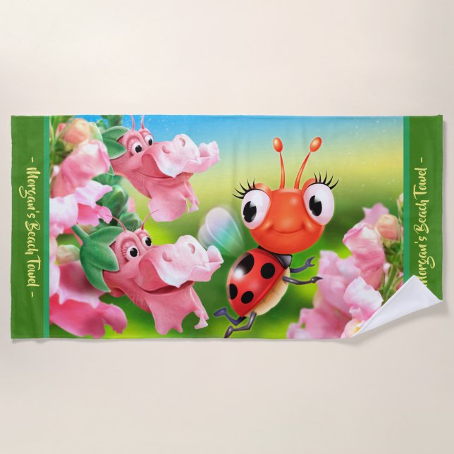 Large beach towel Ladybug flower garden.Green edge (Front)