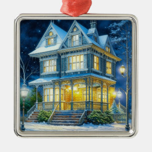 Large Beautiful Victorian House at Christmas Metal Tree Decoration