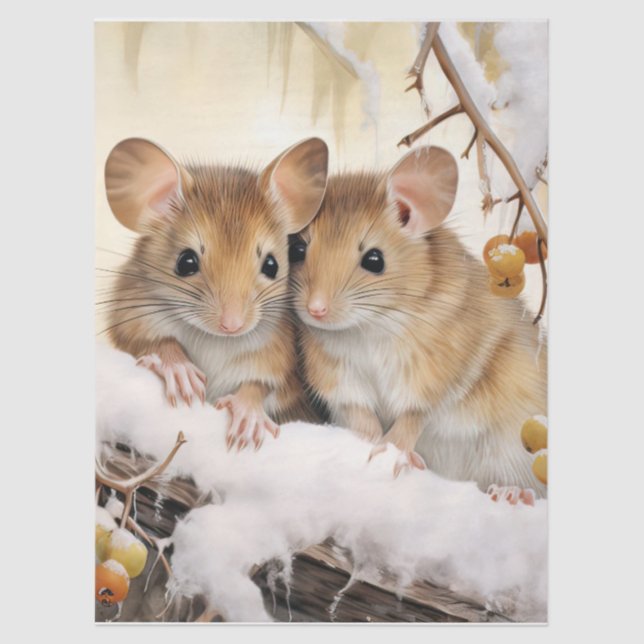 Large Beautiful Winter Mice Decoupage Tissue Paper (Front)