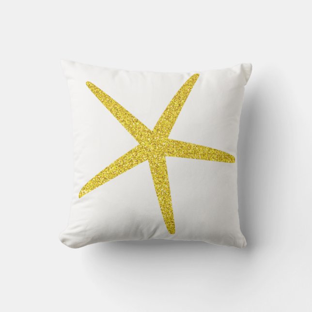 Large Big Starfish Pattern Glittery Golden White Cushion (Front)