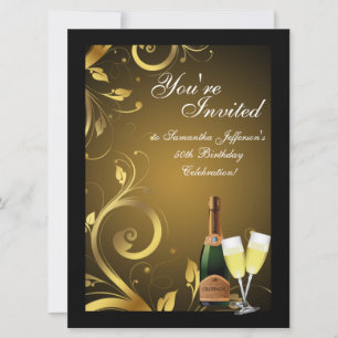 Large Black and Gold Swirl, Custom Birthday Party Invitation