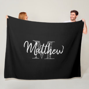 Large black and white fleece blanket with monogram