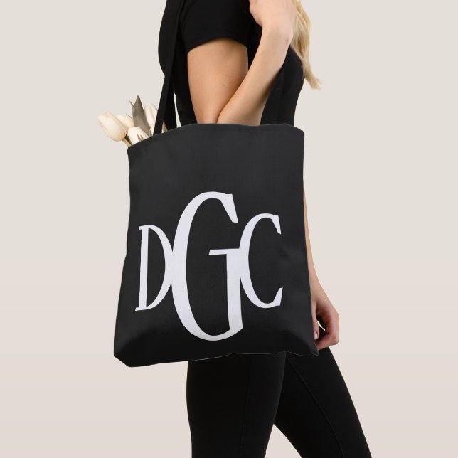 Large Black and White Monogrammed Tote Bag (Close Up)
