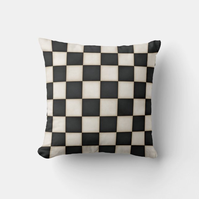 Large Black & Antique White Checkers Cushion (Front)