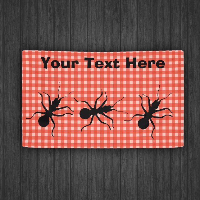 Large Black Ants Marching Fun Picnic Tablecloth Banner (Row of big black creepy ants on red and white picnic tablecloth plaid event banner, add your text.)
