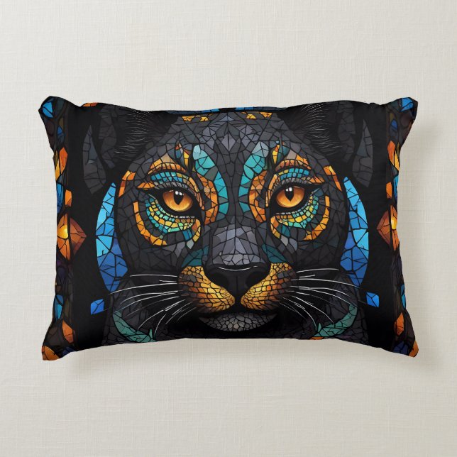 Large Black Cat Mosaic stained Glass effect  Decorative Cushion (Front)