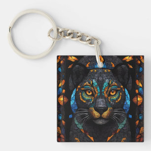 Large Black Cat Mosaic stained Glass effect  Key Ring