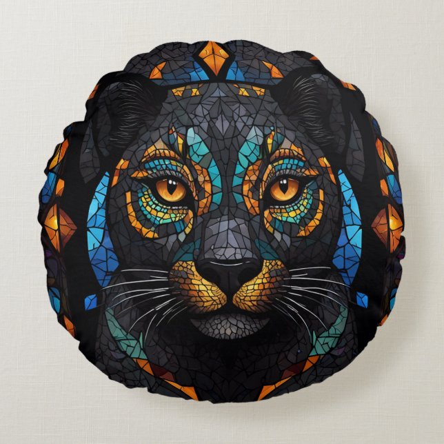 Large Black Cat Mosaic stained Glass effect  Round Cushion (Front)