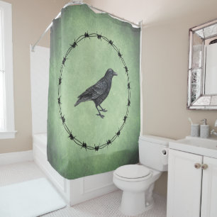 Large Black Crow in Circle Black Barbed Wire Green Shower Curtain