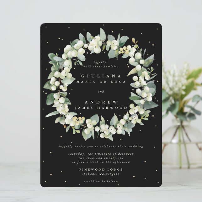 Large Black Snowberry + Eucalyptus Wreath Wedding Invitation (Standing Front)