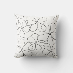 Large Black White Hand-Drawn Flower Throw Pillow