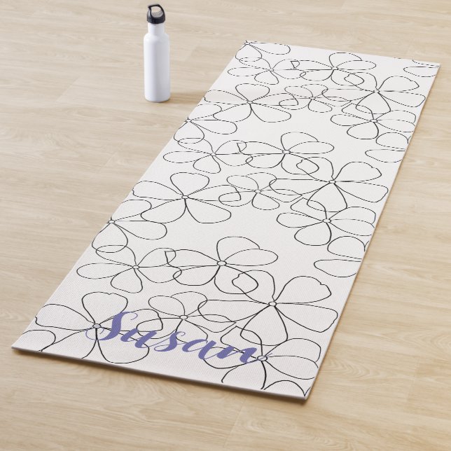Large Black White Hand-Drawn Flowers Yoga Mat (In Situ)