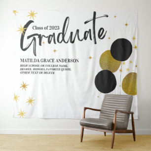 Large BlackGold Graduation Party Photo Backdrop Tapestry