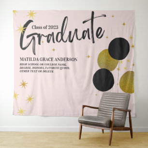 Large BlackGold Graduation Party Photo Backdrop Tapestry