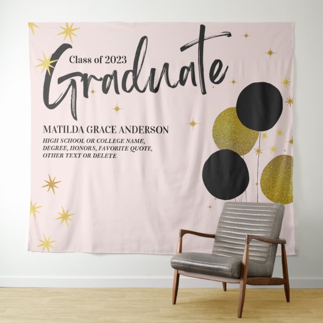 Large BlackGold Graduation Party Photo Backdrop Tapestry (In Situ (Horizontal))