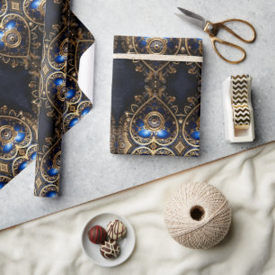 large blue and gold steampunk hearts pattern wrapping paper