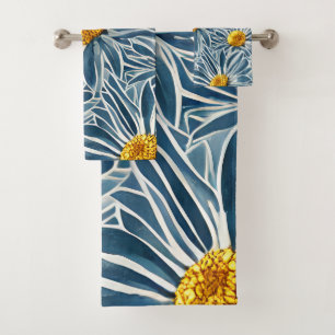 Large Blue and yellow Flowers Seamless Pattern Bath Towel Set