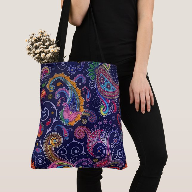Large Blue Boho Paisley Tote Bag (Close Up)