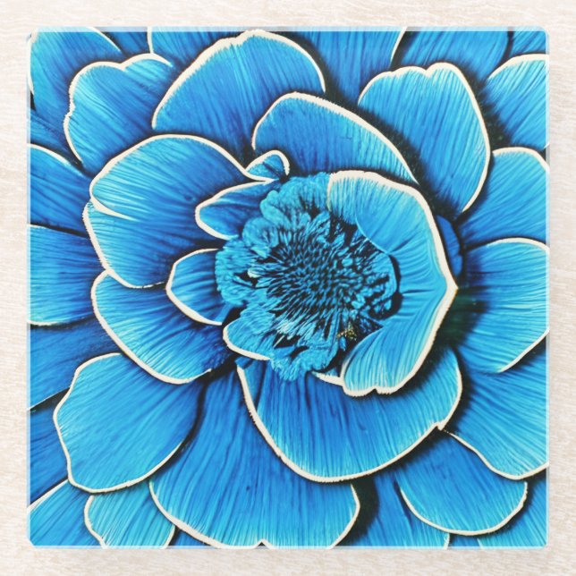Large Blue Camellia Blossom Glass Coaster (Front)