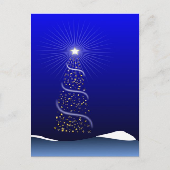 Large Blue Christmas Tree with Golden Stars Holiday Postcard (Front)