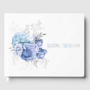 Large Blue Flowers and Silver Leaves Wedding Guest Book