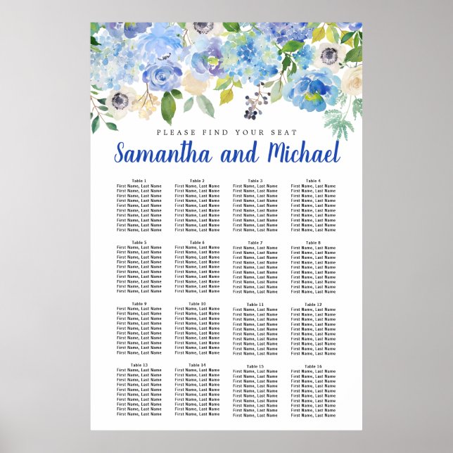 Large Blue Hydrangea 16-Table Seating Chart (Front)