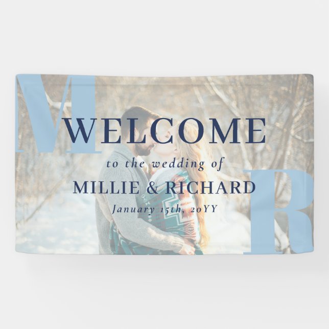 Large Blue Initials Photo Modern Wedding Welcome Banner (Horizontal)