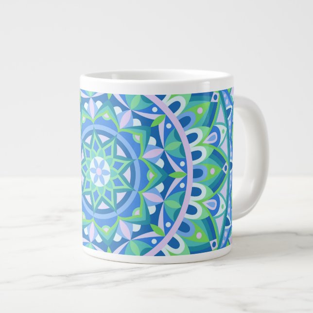 Large Blue Mandala Boho Oversized Spiritual Cosy Coffee Mug (Front Right)