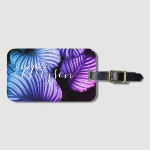 Large Blue & Purple Leaves, White Script Name Luggage Tag