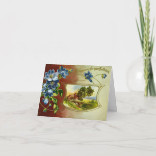 Large Blue Purple Violets Serene Landscape Vintage Card