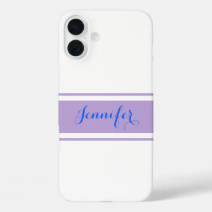 Large Blue Script Name, Lavender Stripes on White iPhone 16 Plus Case