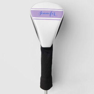 Large Blue Script Name, Lavender Stripes on White Golf Head Cover