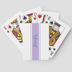 Large Blue Script Name, Lavender Stripes on White Playing Cards