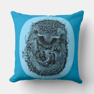 Large blue throw cushion with sleeping hedgehog