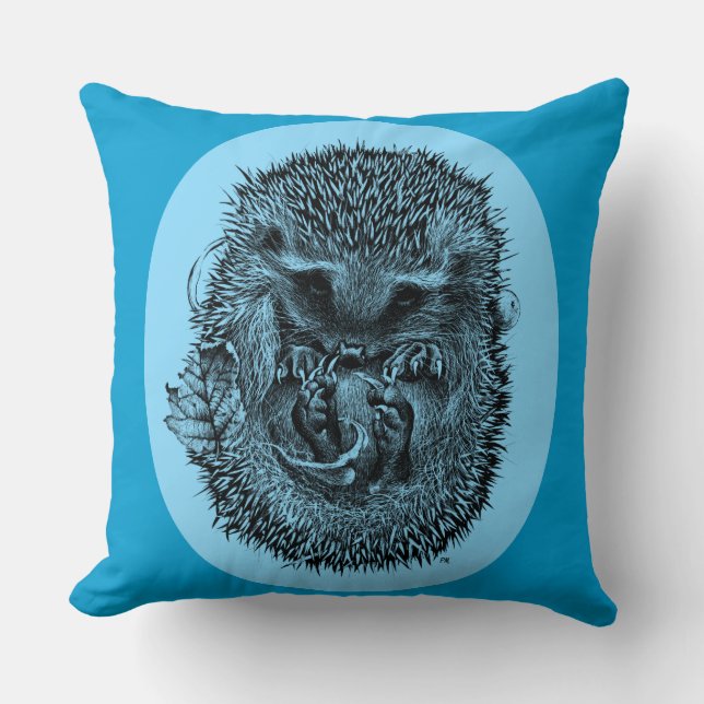 Large blue throw cushion with sleeping hedgehog (Front)