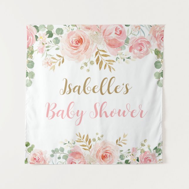 Large Blush Floral Baby Shower Backdrop Tapestry (Front)