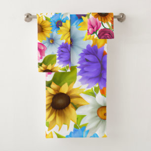 Large Bold Botanical Colorful Flowers  Bath Towel Set