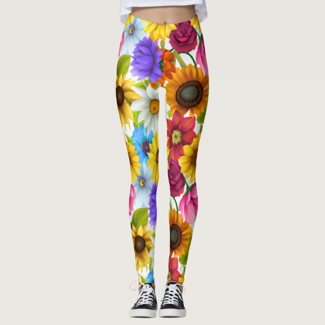 Large Bold Botanical Colourful Flowers   Leggings (Front)