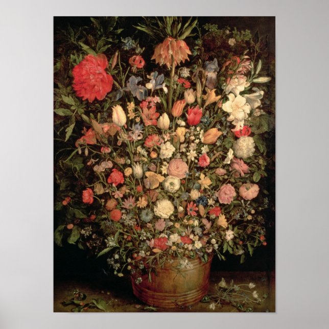 Large bouquet of flowers in a wooden tub poster (Front)