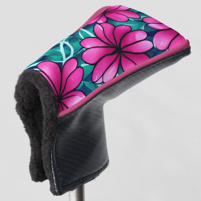 Large Bright Pink Flower Pattern Golf Head Cover (3/4 Front)