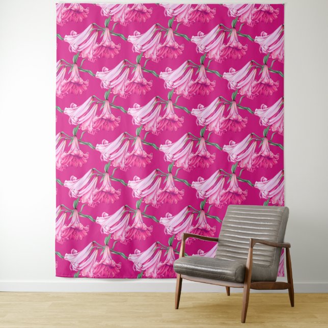 Large bright pink lily floral wedding backdrop tapestry (In Situ)