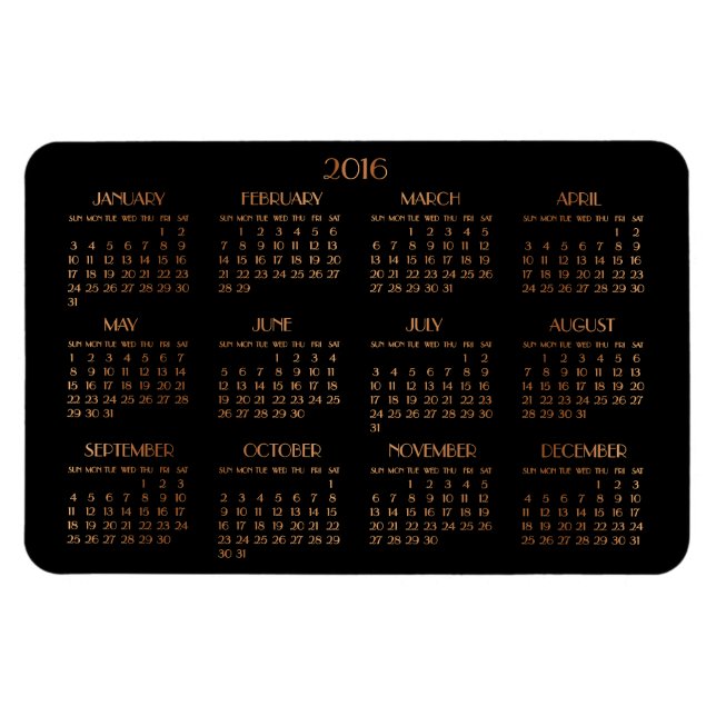 Large Bronze Black Yearly Calendar 2016 Magnets (Horizontal)