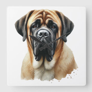 LARGE BROWN & BLACK MASTIFF DOG SQUARE WALL CLOCK