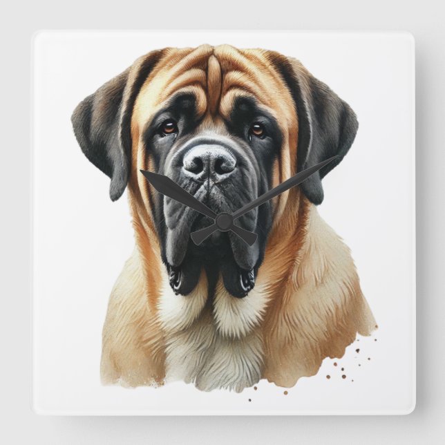 LARGE BROWN & BLACK MASTIFF DOG SQUARE WALL CLOCK (Front)