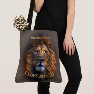 Large Brown Tote Bag "I Love My Cat" Custom Name